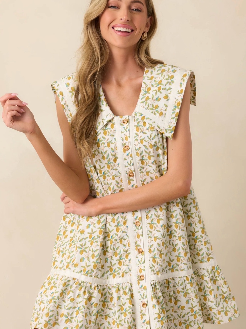 Collared Mini Dress with Floral and Lemon Print